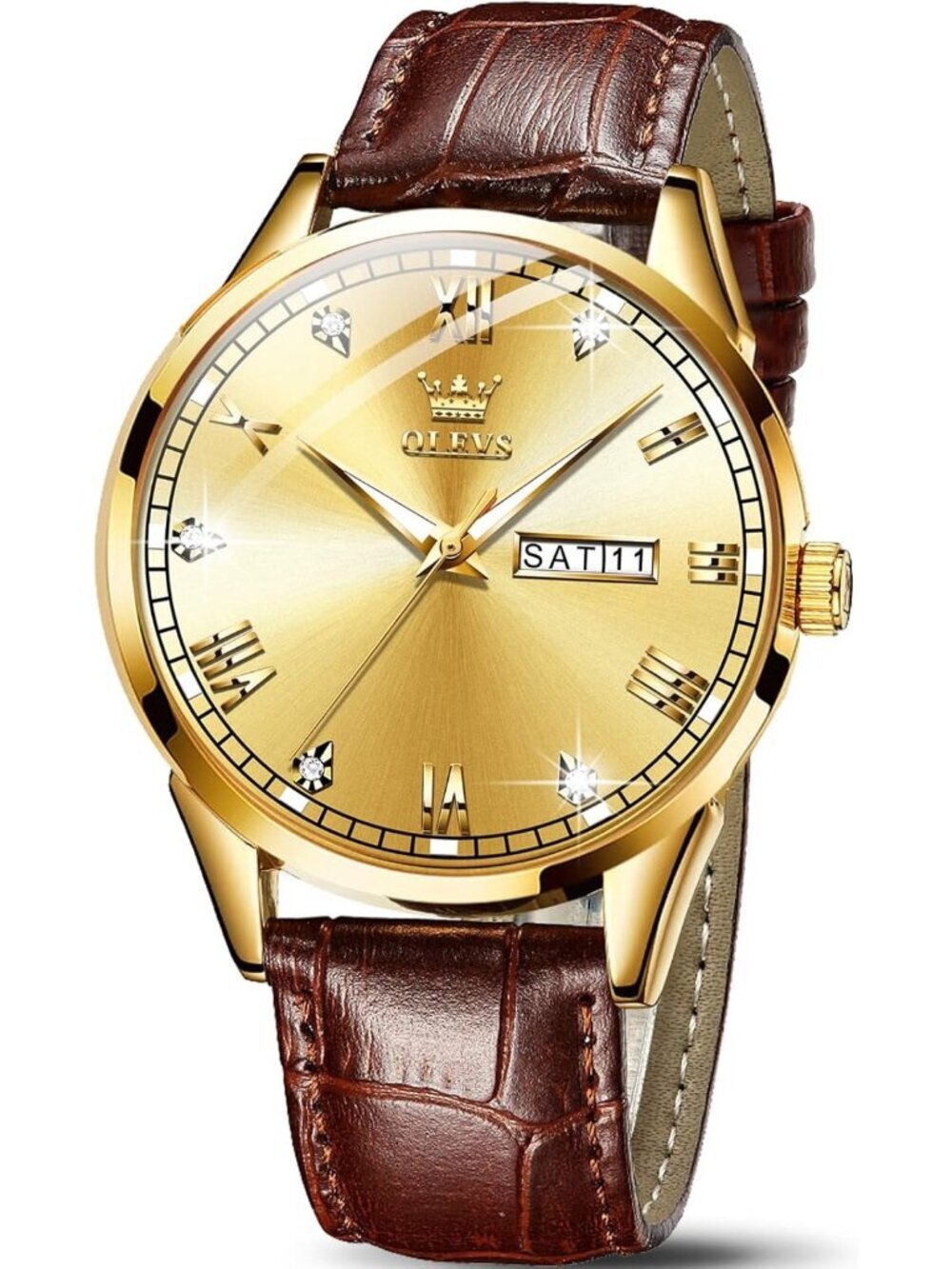 Men's Gold Fashion Quartz Leather Brown Buckle Waterproof Luminous Round Watch